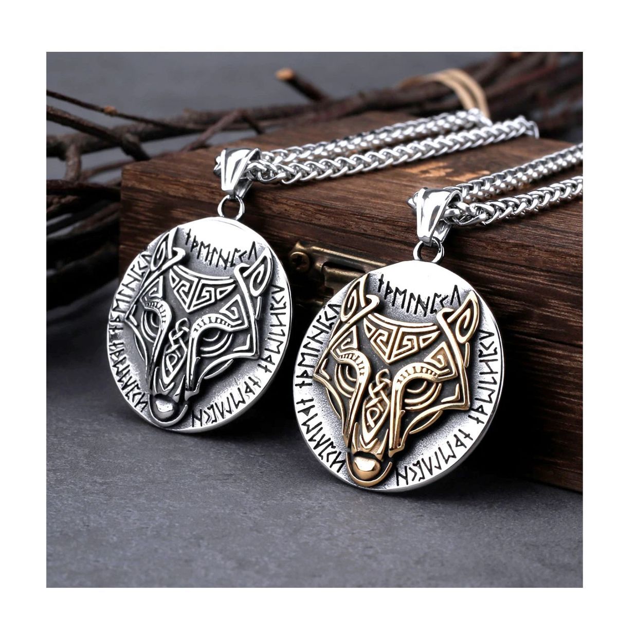 GENERICO - Collar para hombre de cabeza de Lobo vikingo - Acero inoxidable 316L