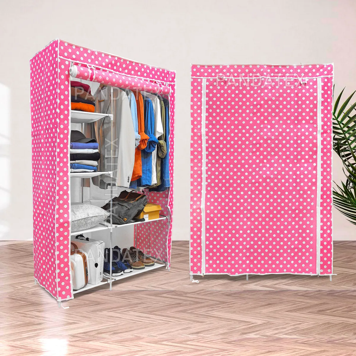 GENERICO - ROPERO ARMABLE 2 CUERPOS TELA C/DISEÑO: ROSA CON PUNTOS BLANCOS