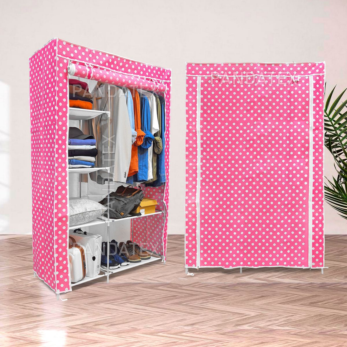 GENERICO - ROPERO ARMABLE 2 CUERPOS TELA C/DISEÑO: ROSA CON PUNTOS BLANCOS