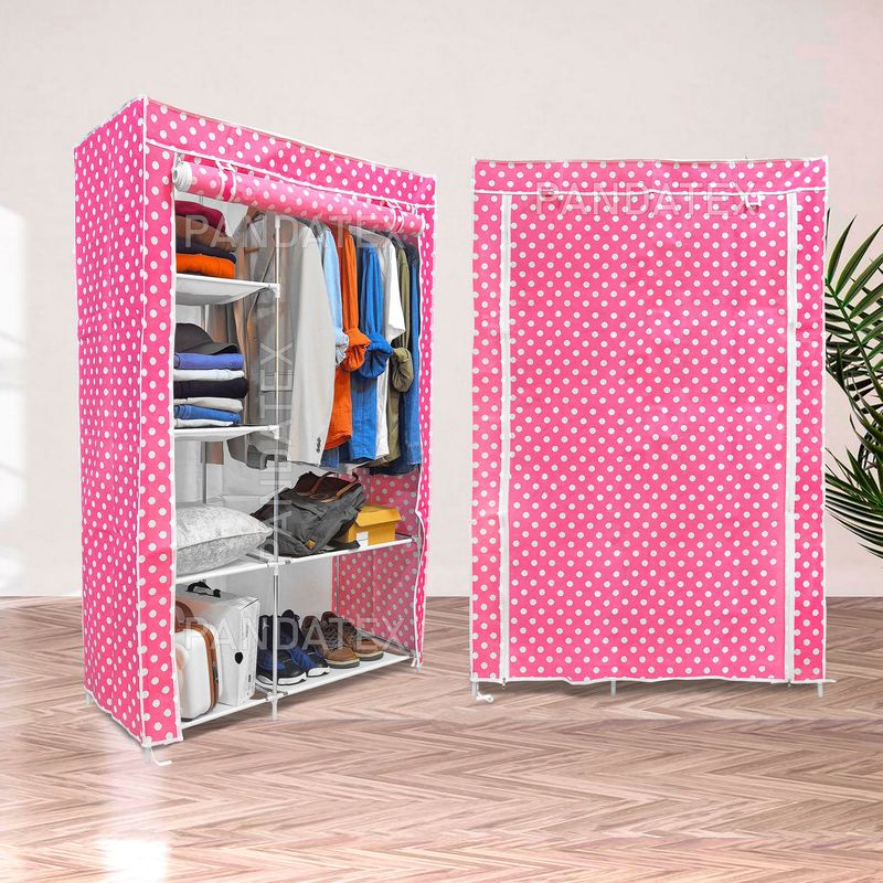 GENERICO - ROPERO ARMABLE 2 CUERPOS TELA C/DISEÑO: ROSA CON PUNTOS BLANCOS