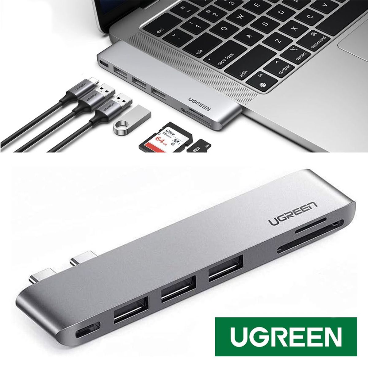 UGREEN - Hub 6 en 2 dual USB-C a 3 USB 3.0 + lector tarjetas SD TF 5Gbps