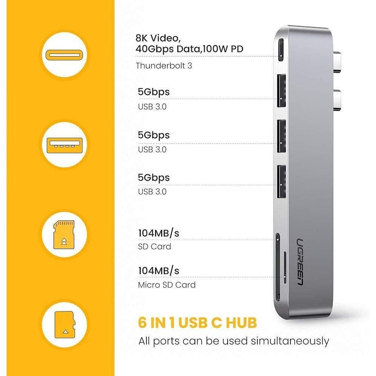 UGREEN - Hub 6 en 2 dual USB-C a 3 USB 3.0 + lector tarjetas SD TF 5Gbps