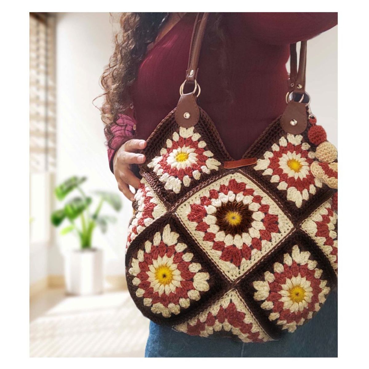 GENERICO - Cartera de moda de Crochet Tejido a Mano con Detalles Florales