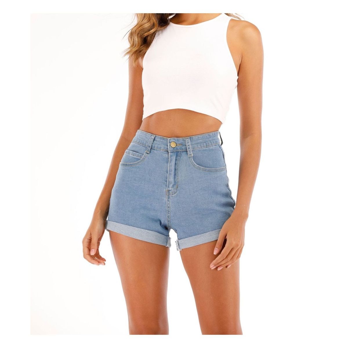 42AROZINA - pantalones cortos de mezclilla casuales de cintura alta para mujer