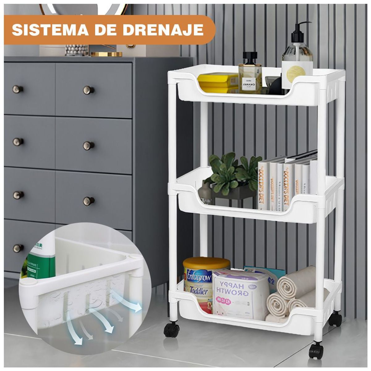 KELLER - Carrito Organizador 3 Niveles con Ruedas Multifuncional C49