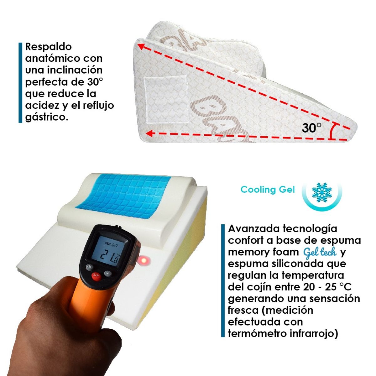 TERAFLEX - COJIN ANTIREFLUJO Y ALMOHADA MEMORY FOAM GEL TECH 64x60x30 CM