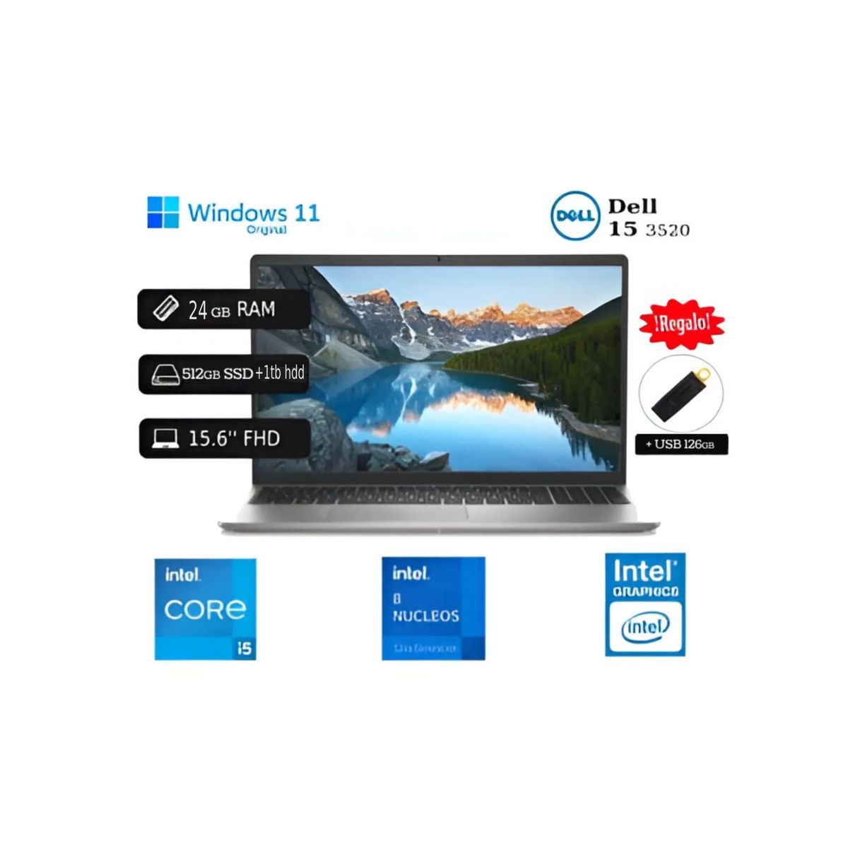 DELL - Laptop Dell 15 3520 Intel Core I5 12va Gen 24GB RAM 512GB SSD + 1TB HDD EXTERNO + USB 128GB
