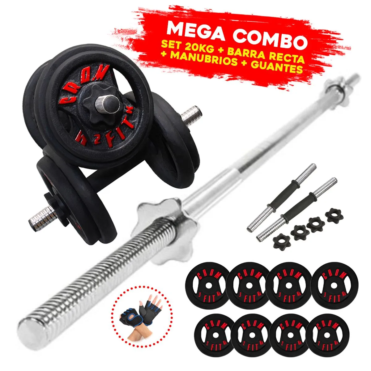 HOLGU - Super Pesas 20kg + Barra Recta Mancuernas GUANTES