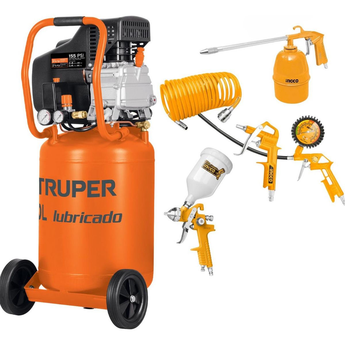 Truper - Combo Compresora vertical 50 L truper + accesorios Ingco