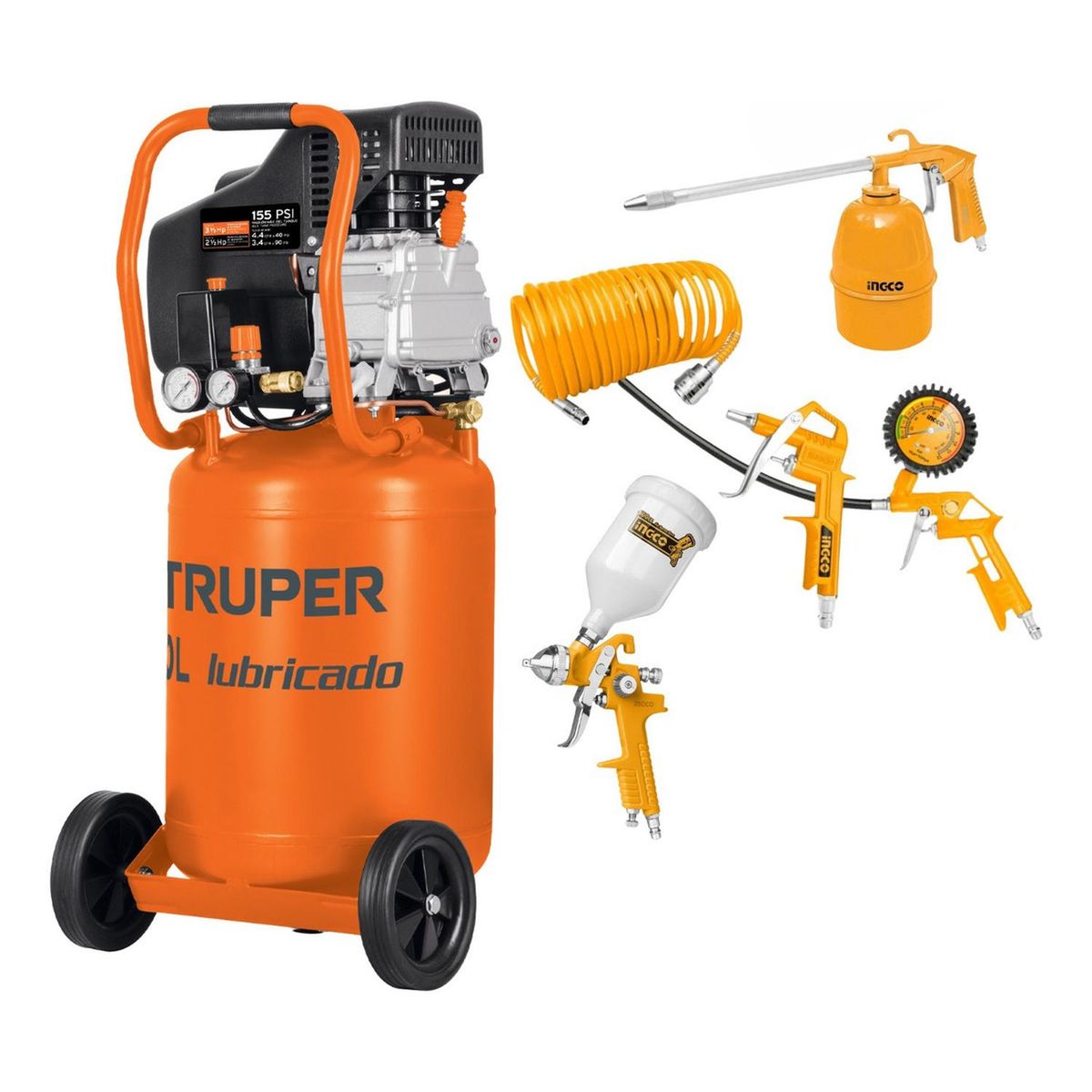 Truper - Combo Compresora vertical 50 L truper + accesorios Ingco