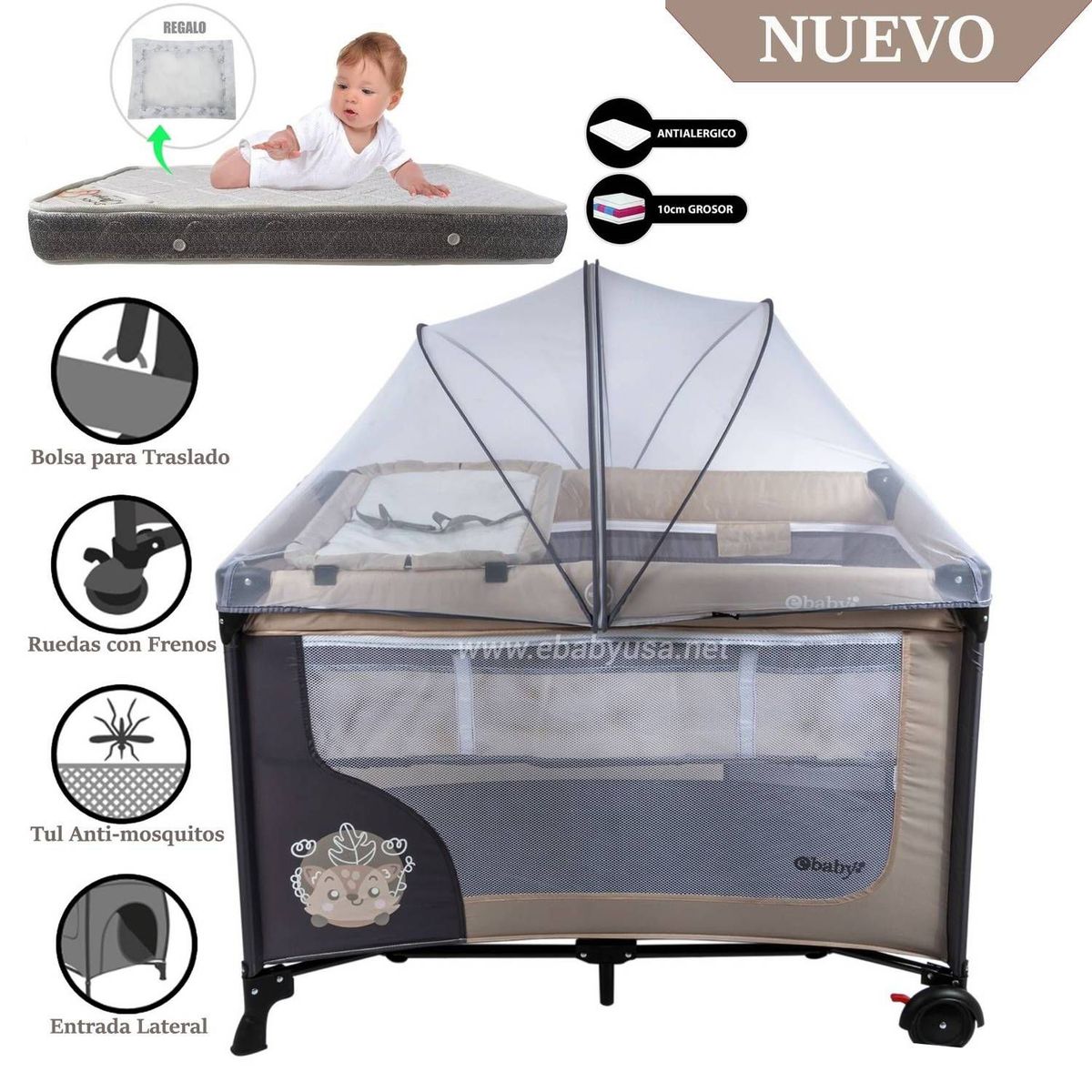EBABY - Cuna Corral Ebaby con Cambiador Happy Dream Beige -Colchón