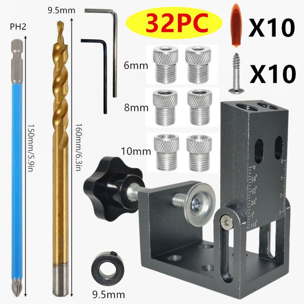 GENERICO - Kit de perforación para Sistema Agujero Oculto Tipo Kreg Set 32 Piezas