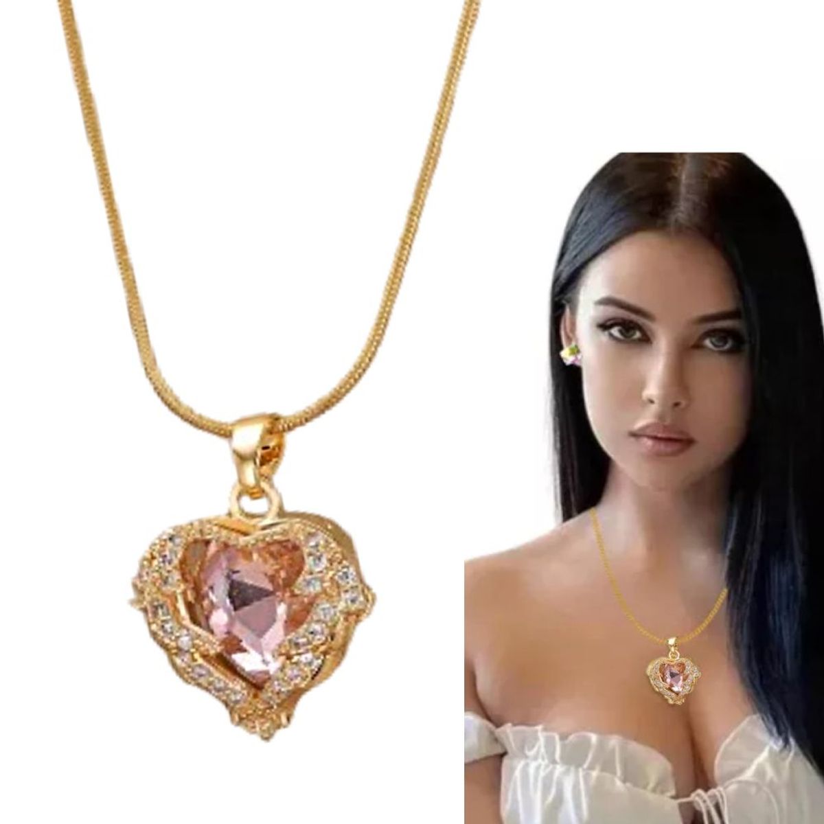 GENERICO - Collar Corazon De Zirconia Rosa Acero Inoxidable Regalo