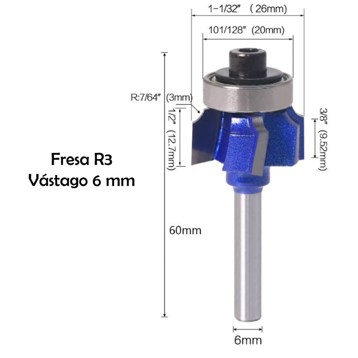 GENERICO - Fresa para ruteadora R3 de 4 Aspas refilar canto grueso 6mm Vastago