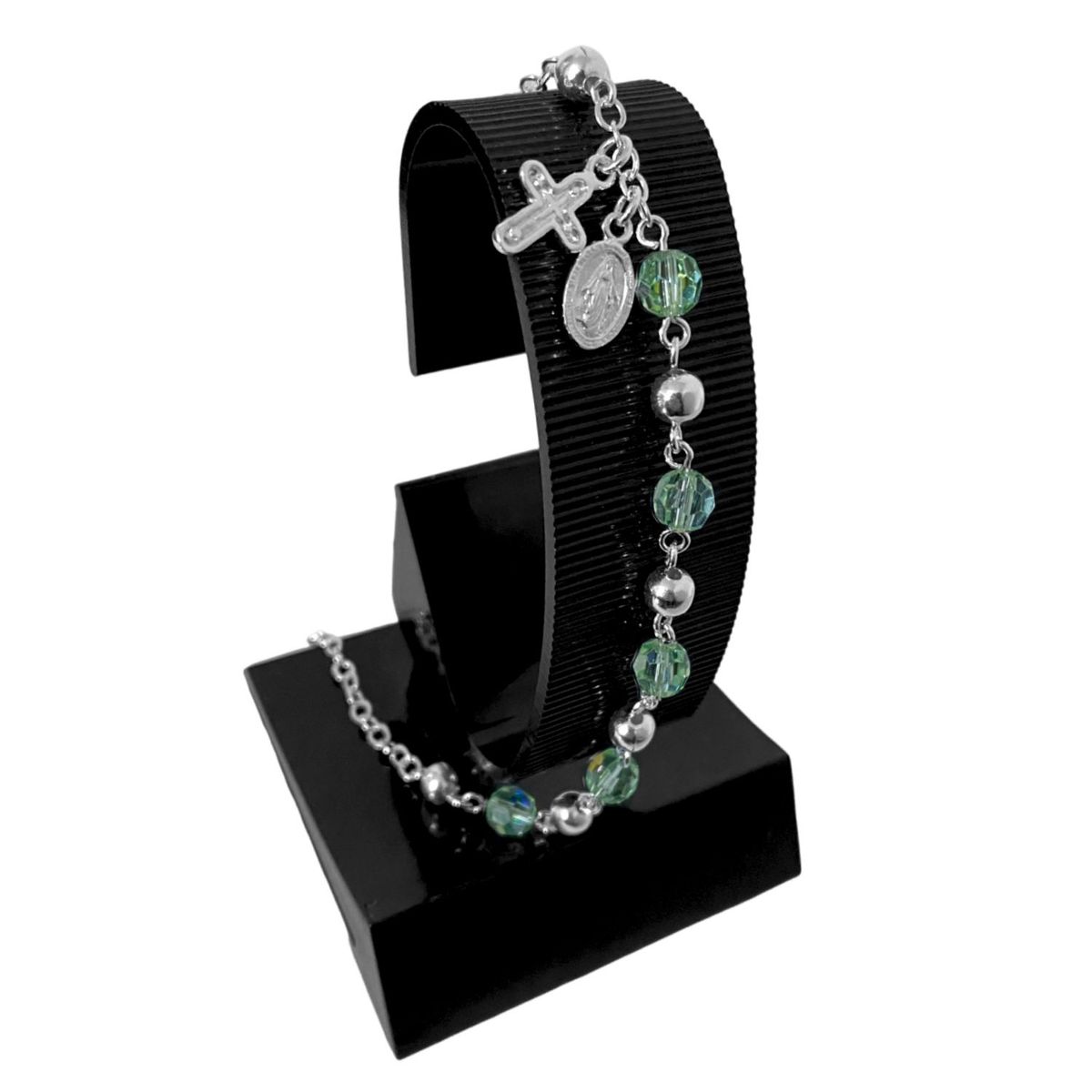 GENERICO - Pulsera Cruz Virgen Milagrosa Piedra Murano Verde Plata 925