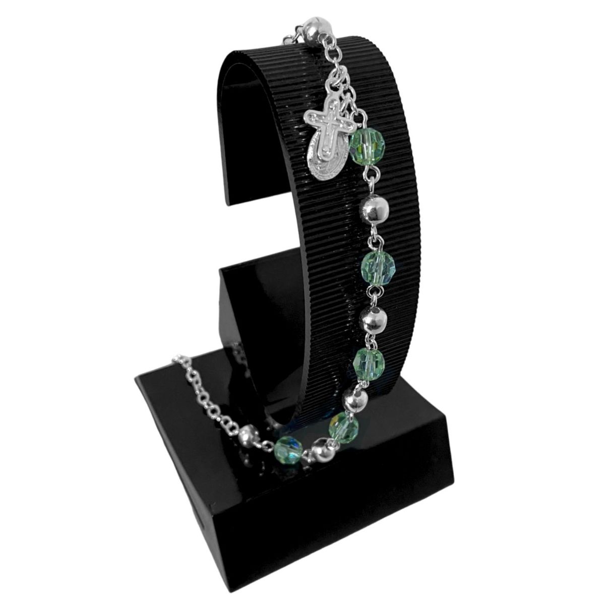 GENERICO - Pulsera Cruz Virgen Milagrosa Piedra Murano Verde Plata 925