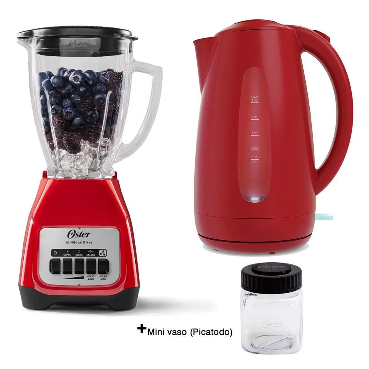 OSTER - Licuadora Oster Vaso De Vidrio Rojo + Hervidor de 2.5 Litros Rojo
