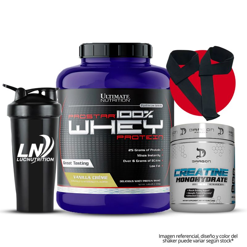 ULTIMATE NUTRITION - Prostar 100 % Whey 5 LB Vainilla Creme + Creatina Dragon Pharma 300 g + shaker + straps