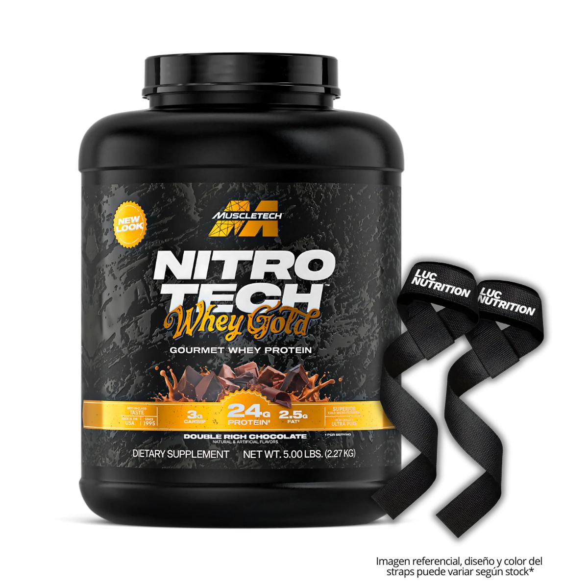 MUSCLETECH - Nitrotech 100 % Whey Gold 5 LB Proteina Muscletech - Double Rich Chocolate + Straps