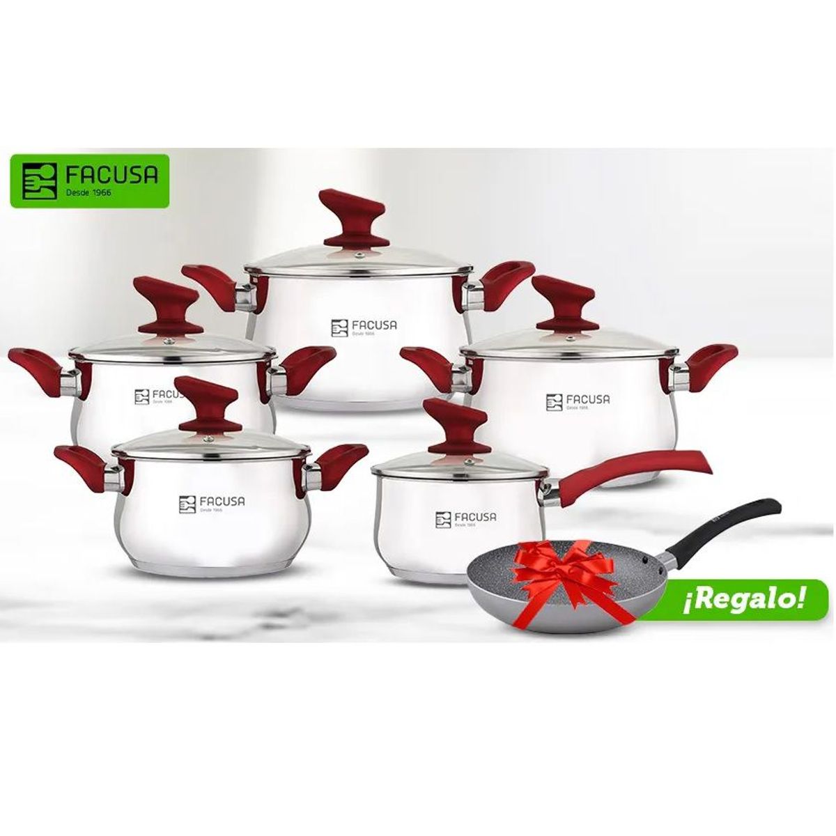 FACUSA - Juego de Ollas 10 piezas Acero Inoxidable con Tapa de Vidrio + Sartén