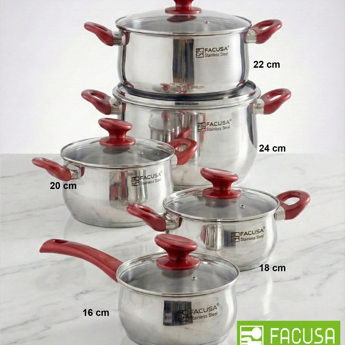 FACUSA - Juego de Ollas 10 piezas Acero Inoxidable con Tapa de Vidrio + Sartén