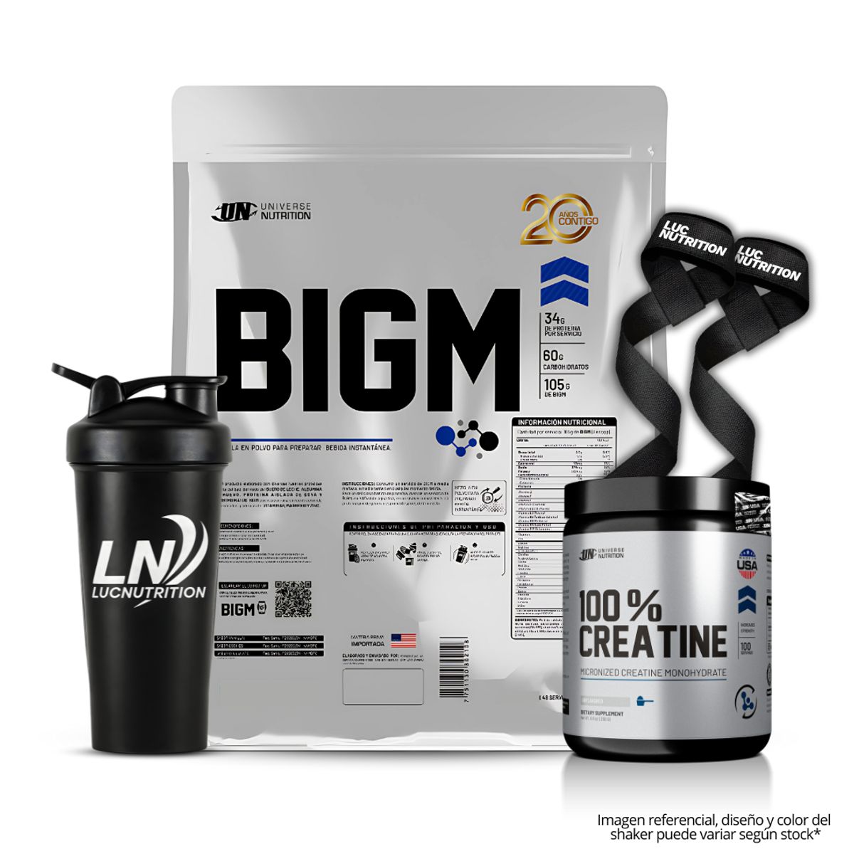 UNIVERSE NUTRITION - Bigm 5 kg Ganador de Peso - Cookie and Cream + Creatina Universe Nutrition 250 g + shaker + Straps