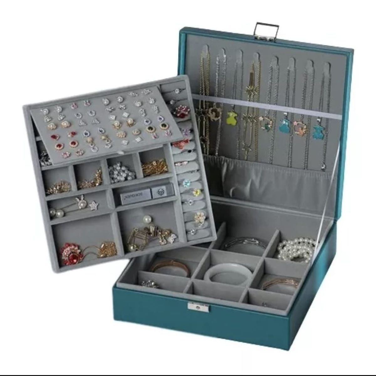 GENERICO - Caja de joyería grande de doble capa PU organizador de joyas  (verde)