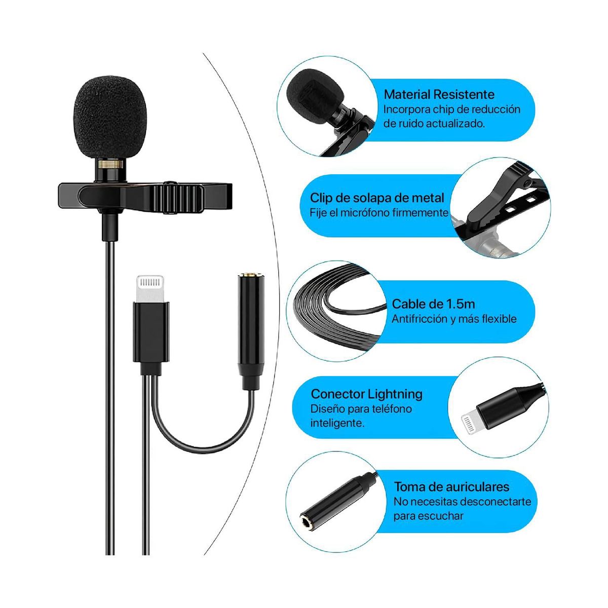 GENERICO - Micrófono Solapero Lavalier Tipo Lightning con Gancho