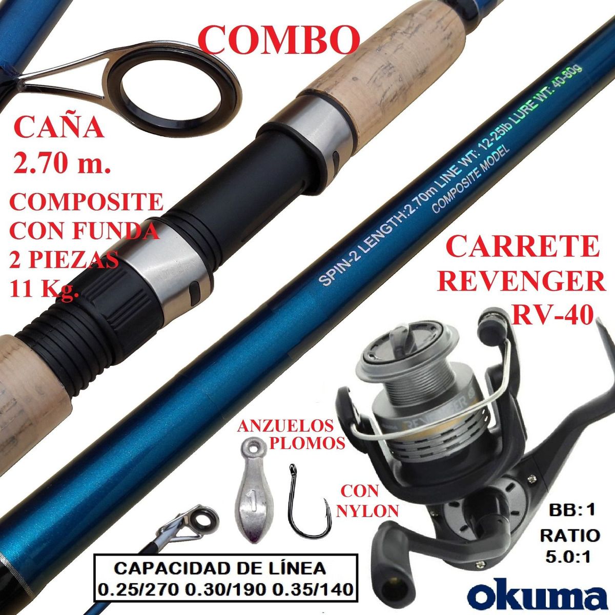 GENERICO - Equipo De Pescar Caña De 2.70 M Con Carrete Okuma 40 Combo
