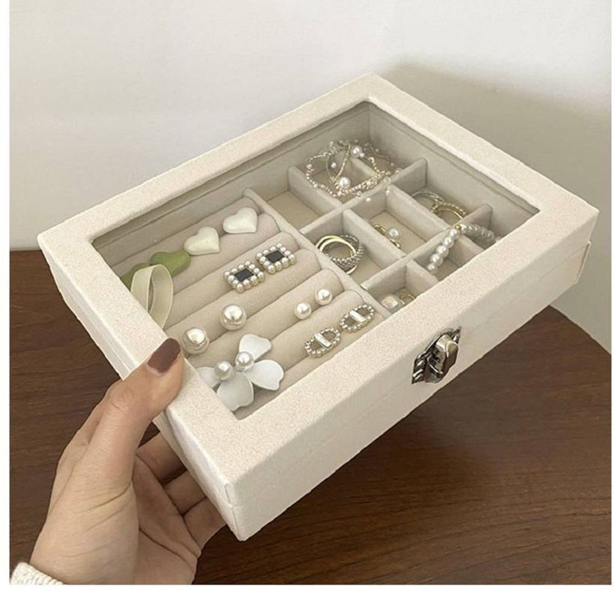 GENERICO - Joyero Organizador de Joyas Cofre para Anillos Aretes Pulsera Beige