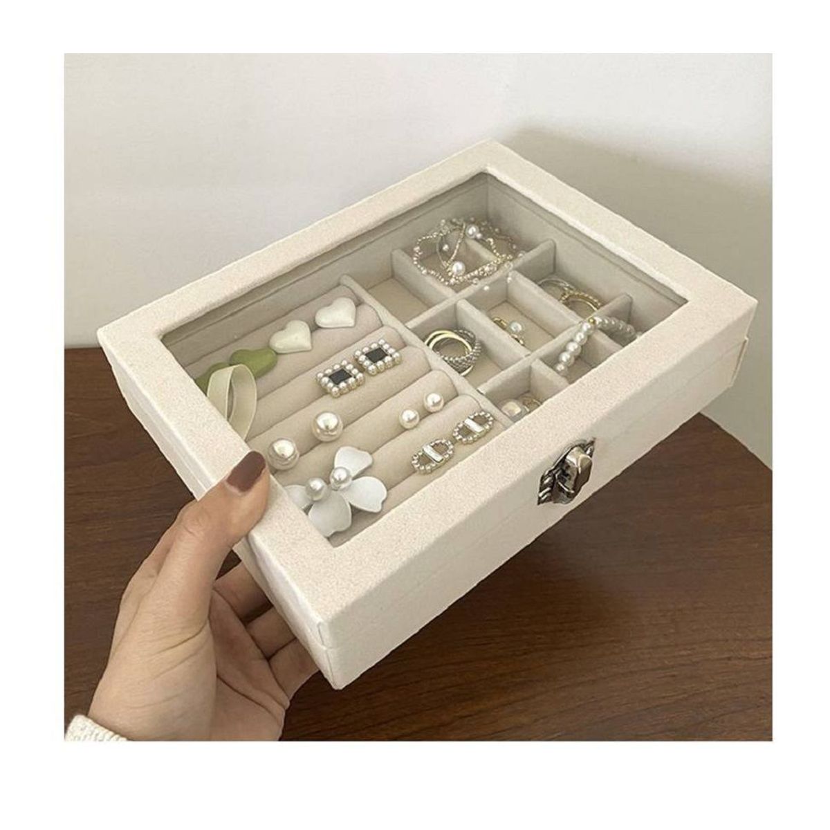 GENERICO - Joyero Organizador de Joyas Cofre para Anillos Aretes Pulsera Beige