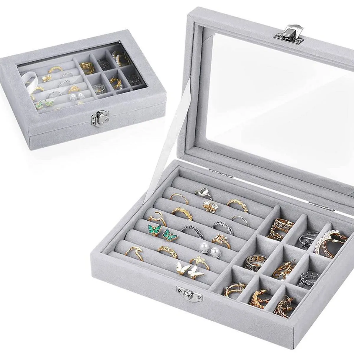 GENERICO - Joyero Organizador de Joyas Cofre para Anillos Aretes Pulseras Gris