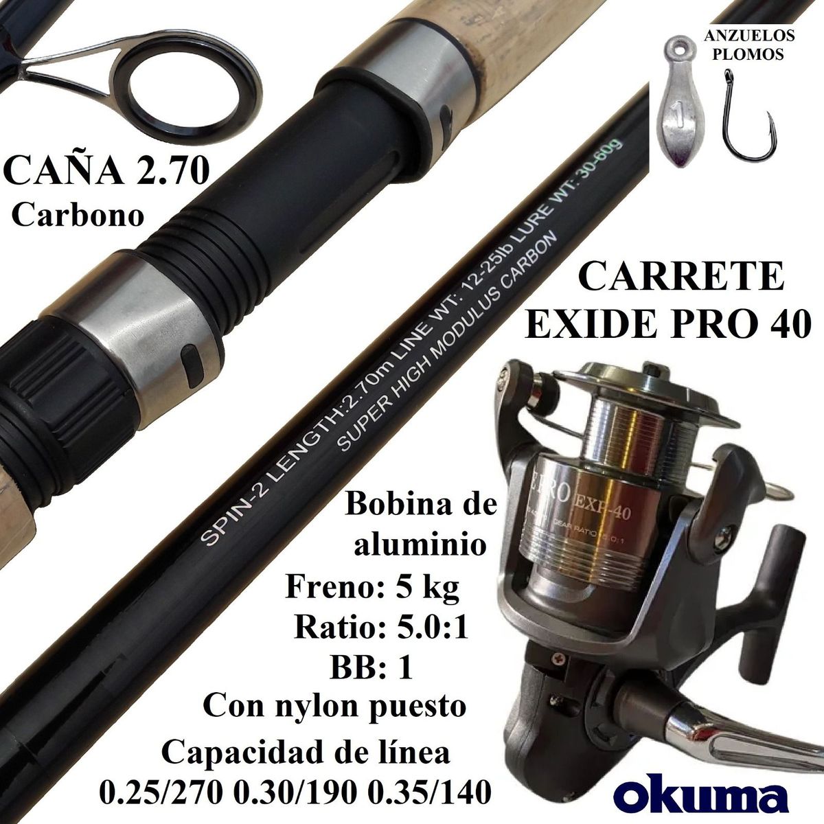 GENERICO - Equipo De Pesca Caña 2.70m Victoria Carbono Y Carrete 4000