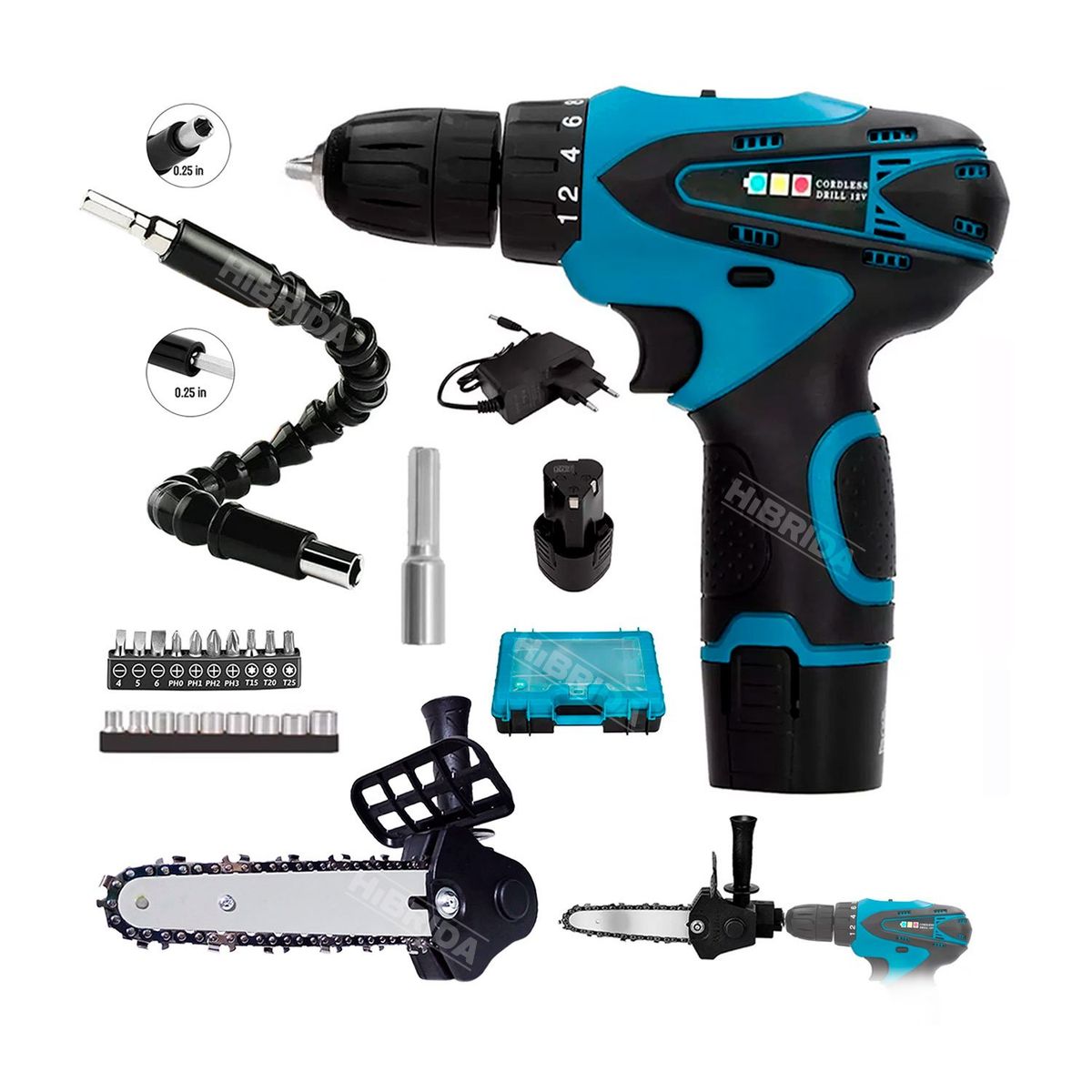 XTD - TALADRO ATORNILLADOR 12V + ADAPTADOR MOTOSIERRA + EXTENSOR