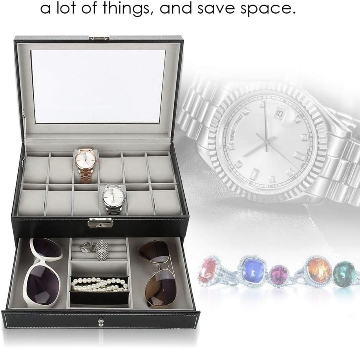 GENERICO - Joyero negro de doble capa cajón de reloj organizador