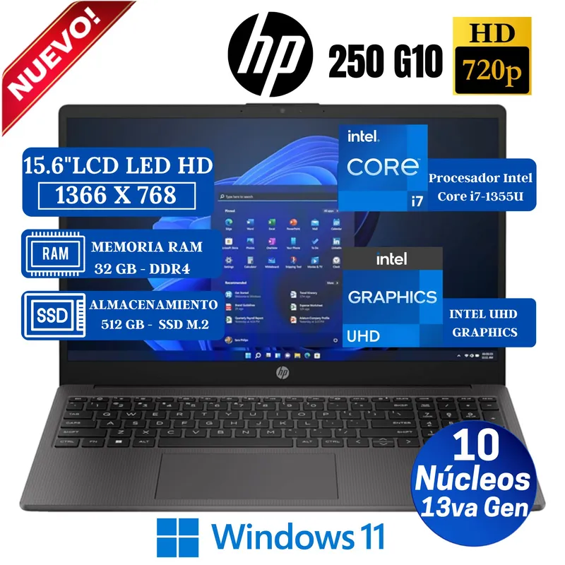 HP - Laptop HP 250 G10 15.6" LCD LED HD, Core i7-1355U, 13va Gen, Ram 32GB, SSD 512GB, Win 11