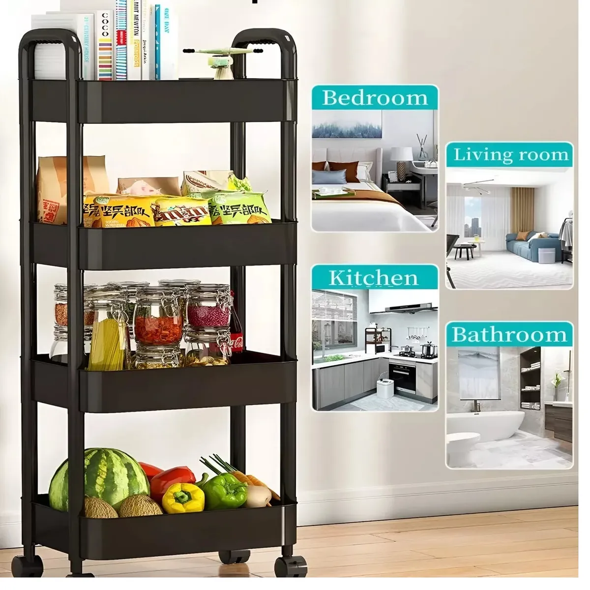 GENERICO - Estante Organizador Multiuso De 4 Niveles Con Asas y Ruedas