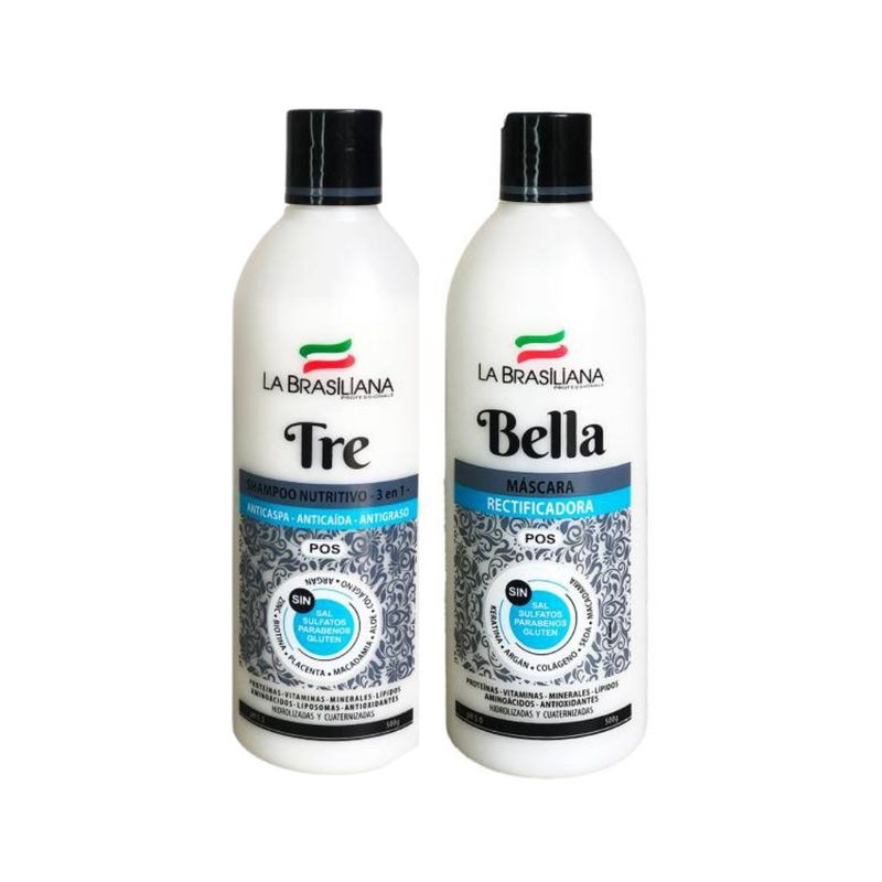 LA BRASILIANA - Shampoo Tre 3En1 Sin Sal + Máscara Cap Bella Rectificadora La Brasiliana 500 Ml