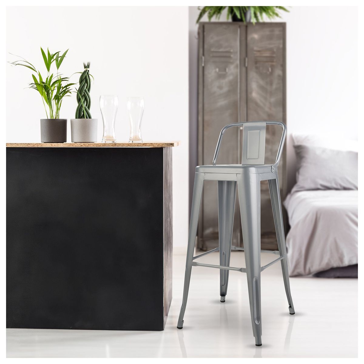 NOVAHUS - Set x 4 Banco de Bar Tolix Con Respaldo Gris