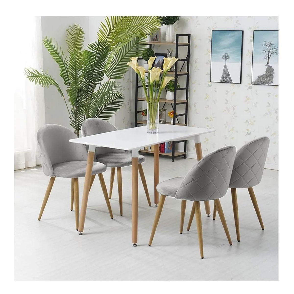 NOVAHUS - Set x 4 Sillas Comedor Sitial Terciopelo Acolchada Gris