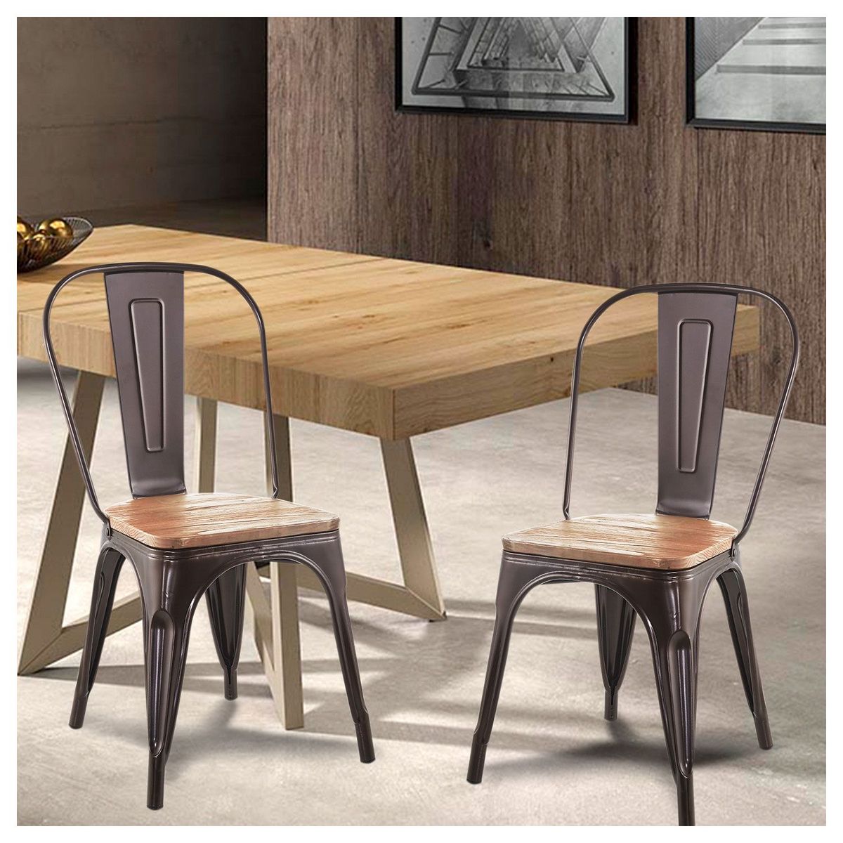 NOVAHUS - Set x 4 Sillas De Comedor Tolix Vintage Asiento Madera Café