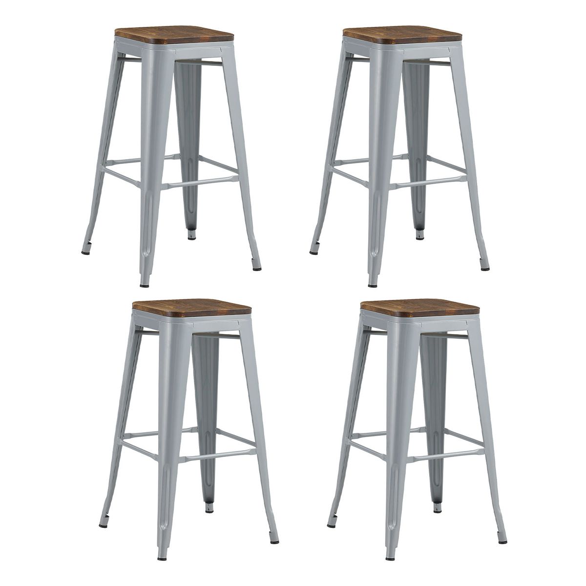 NOVAHUS - Set 4 Bancos de Metal Tolix con Asiento Madera Gris