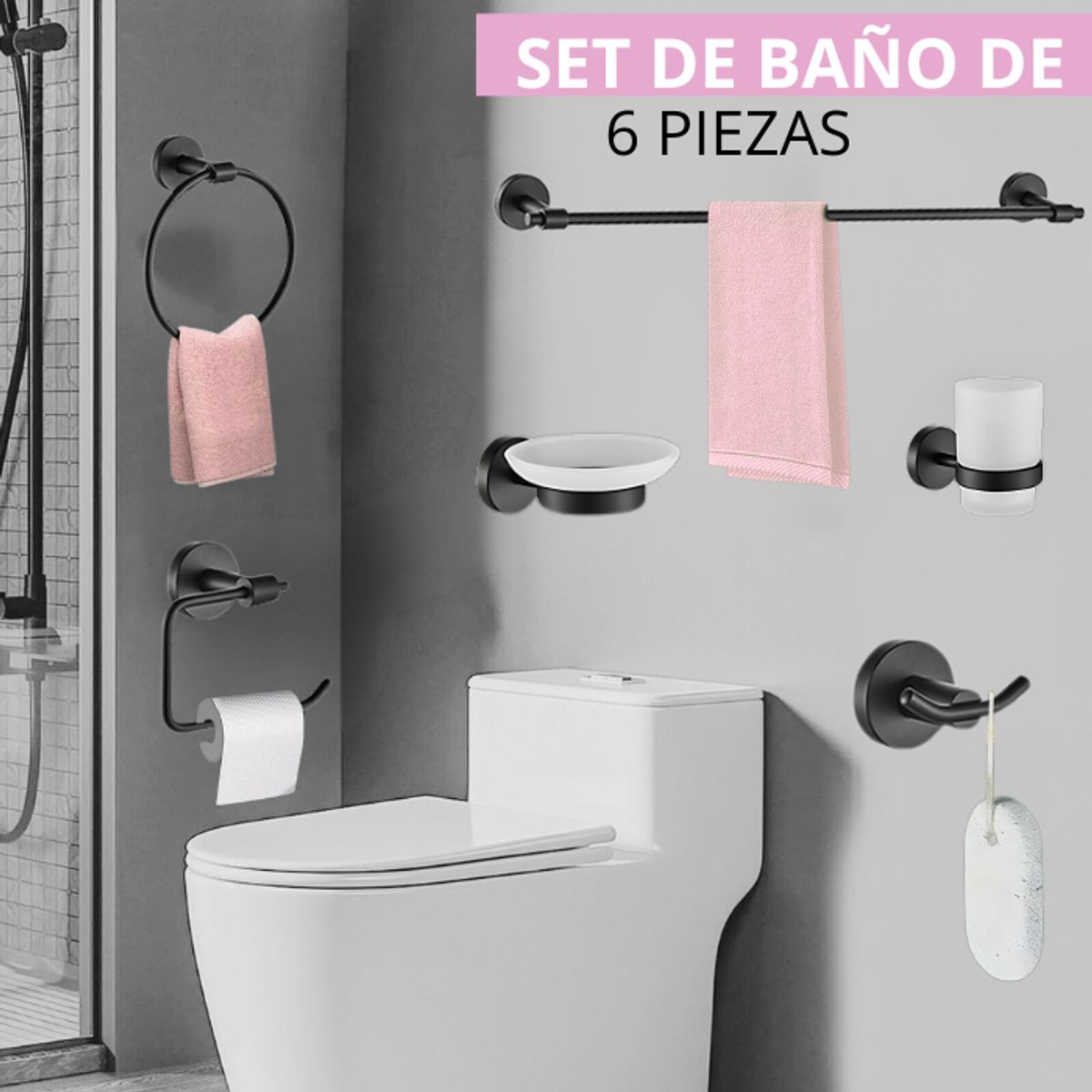 XM - SETS DE BAÑO 6 PIEZAS NEGRO REDONDO 72201