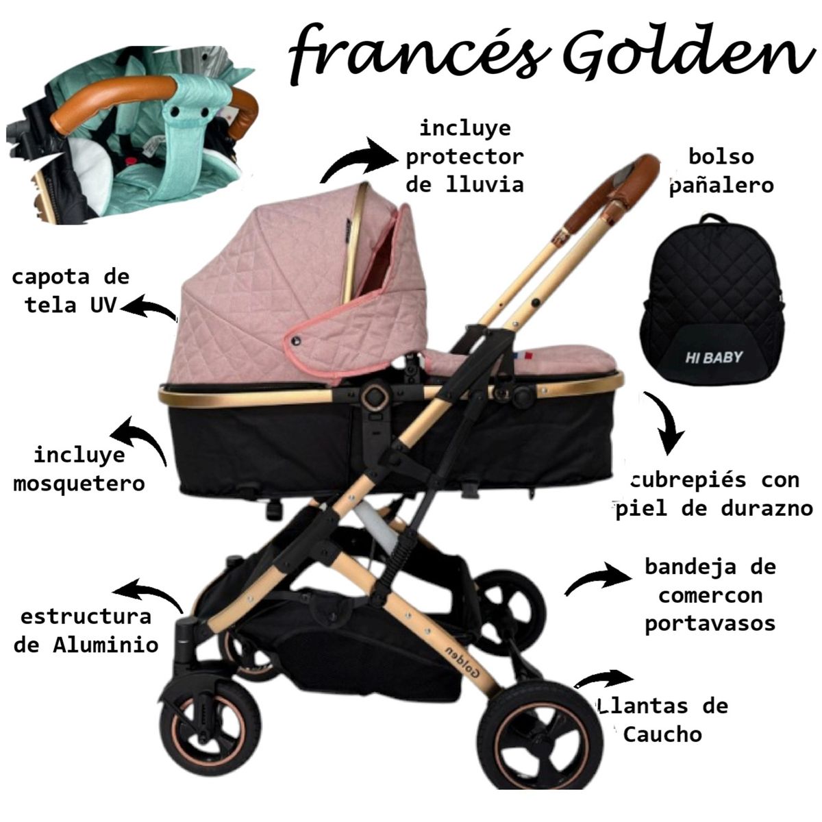 GENERICO - Coche Moisés Francés GOLDEN Portabiberon-Rosa