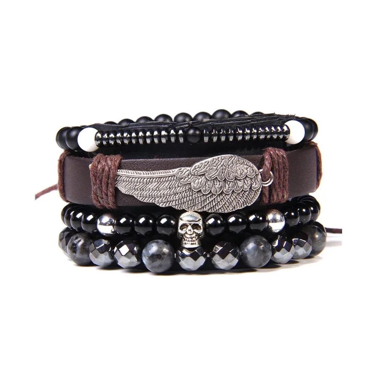 GENERICO - Pack x4 Pulseras Piedras Naturales Unisex Pluma Cuero Jaspe Picasso