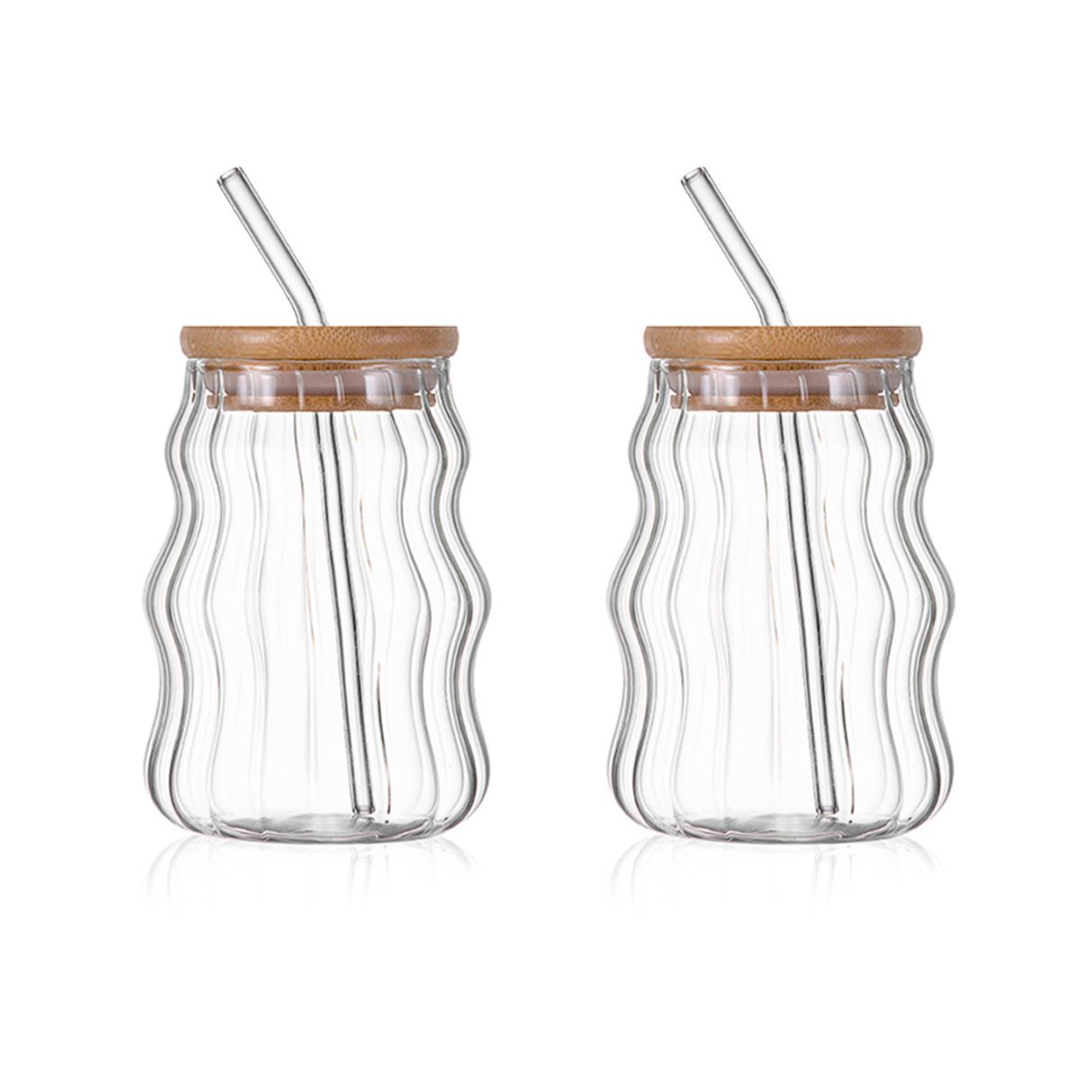 MOLAND - 2 Vasos Montana acanalados con tapa de bambú y cañita de vidrio