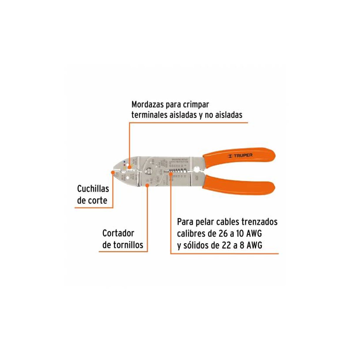 TRUPER - Alicate Electricista pelacables 9" 22 a 10 AWG, 17353 Truper