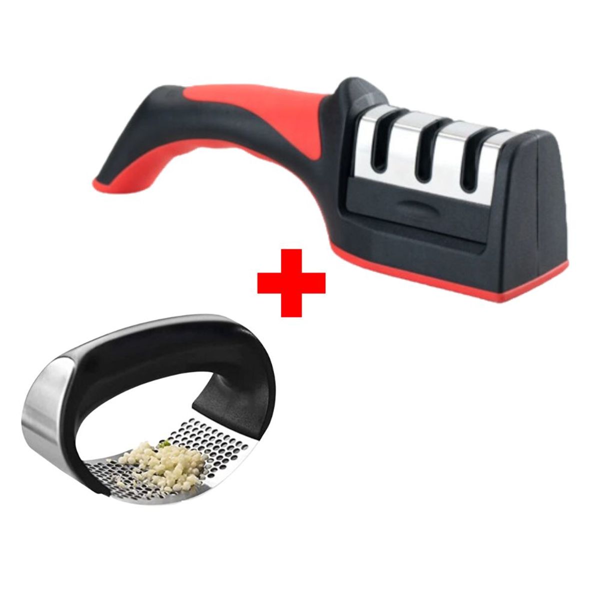 INSPIRA - Pack Afilador Cuchillo 3 Filos más Prensador Triturador de Ajo