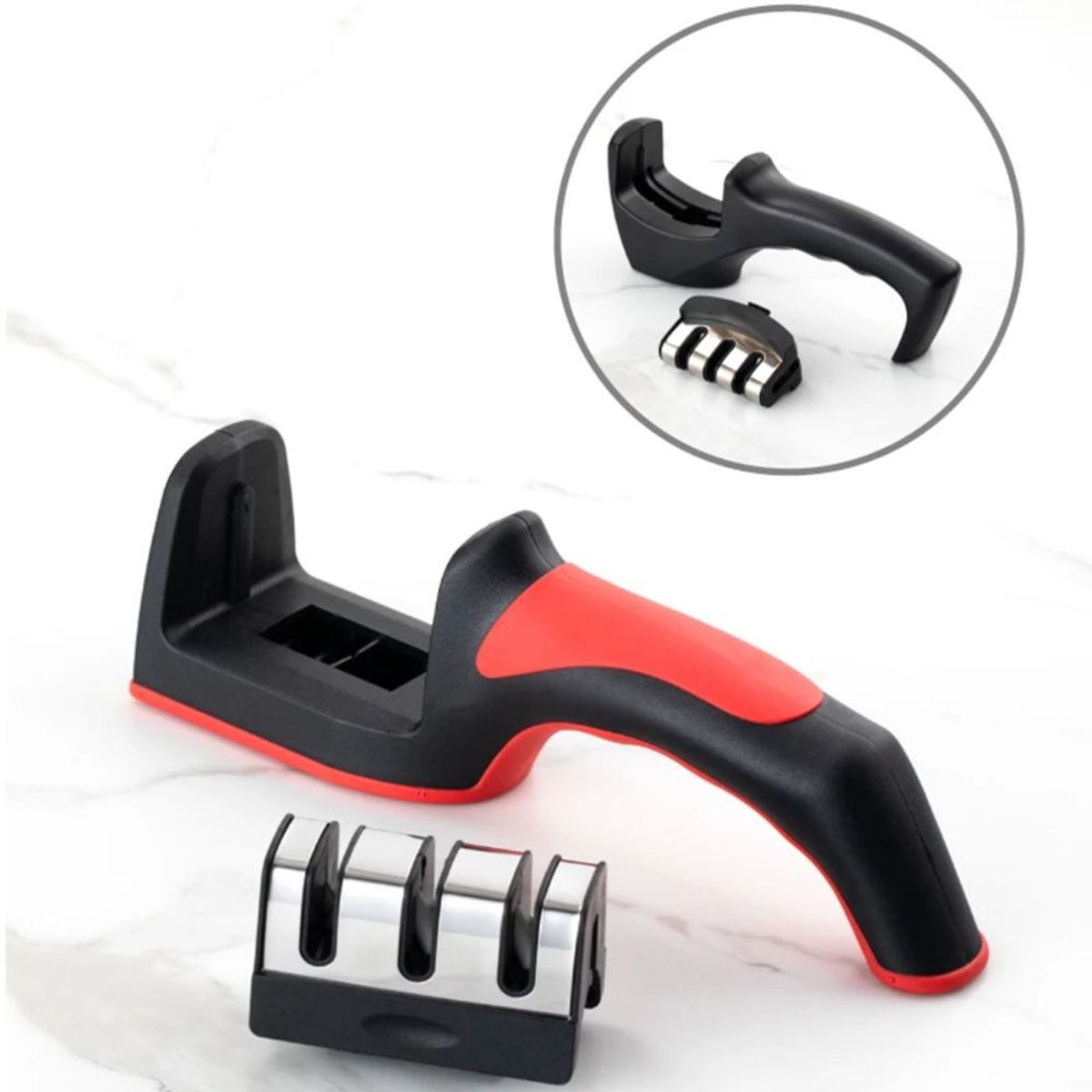 INSPIRA - Pack Afilador Cuchillo 3 Filos más Prensador Triturador de Ajo