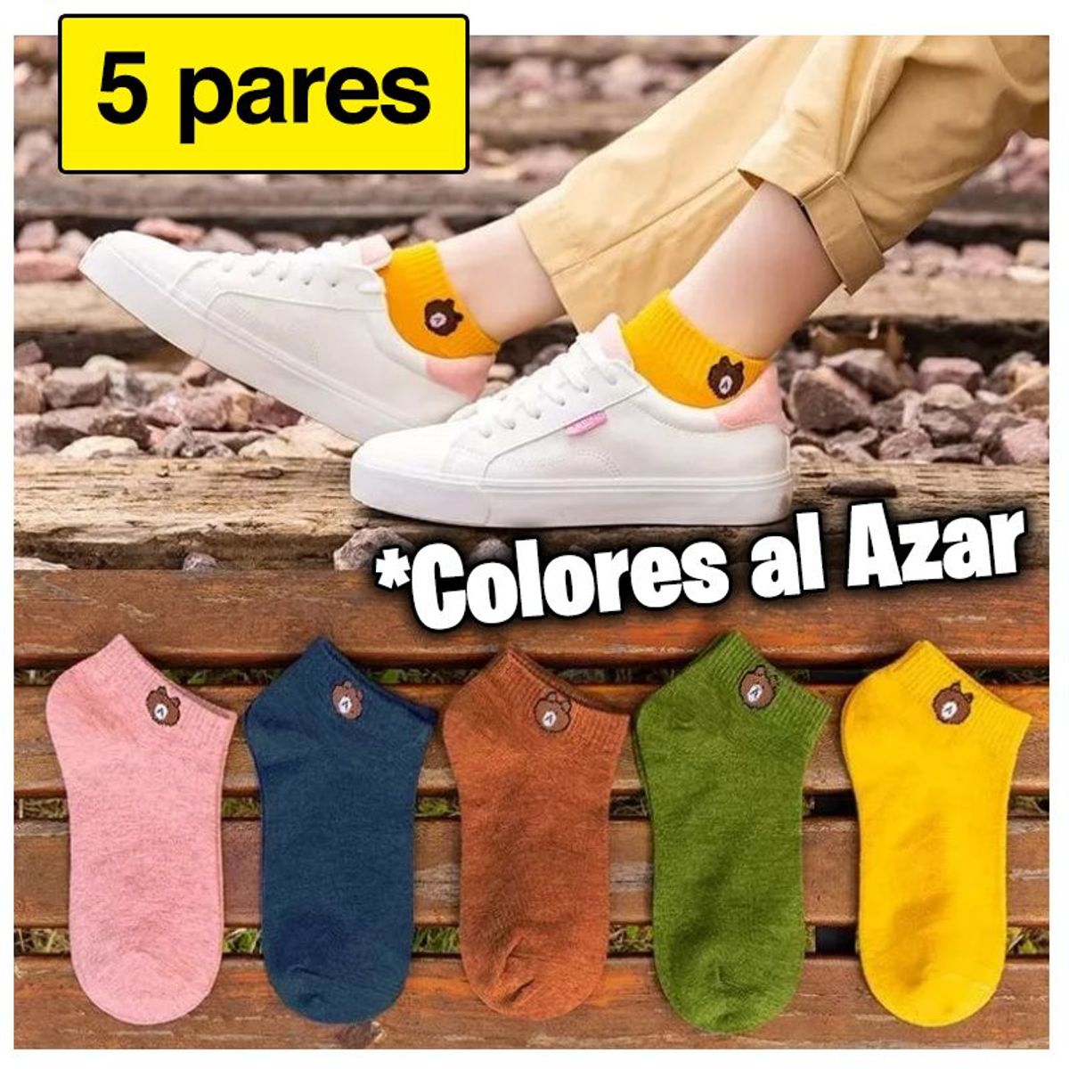 GENERICO - Pack Medias Kawaii Mujer Osito Pack Niña X 5 Pares Taloneras